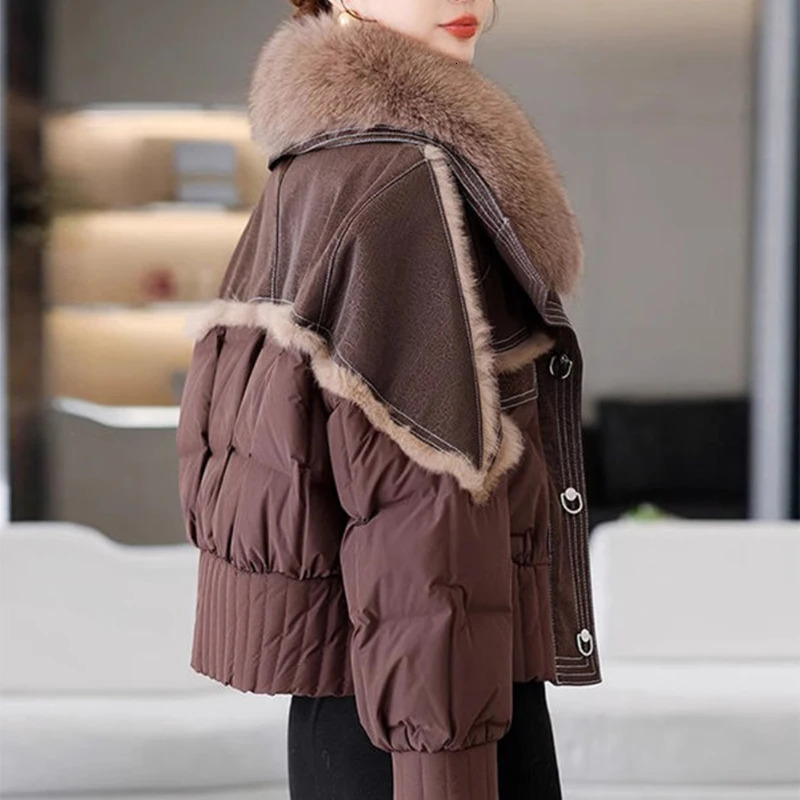 Womens Winter Down Jacket Sheepskin Fabric Fur VNeck Rabbit Lining Coat Women Warm And Fashionable 241115