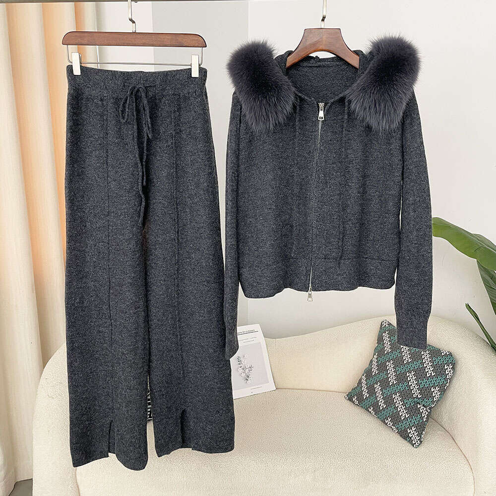 Knitwear Trousers Hooded Jacket 2024 Autumn And Winter Fashionable Sweater Suit Women Detachable Fox Collar Fur Coat