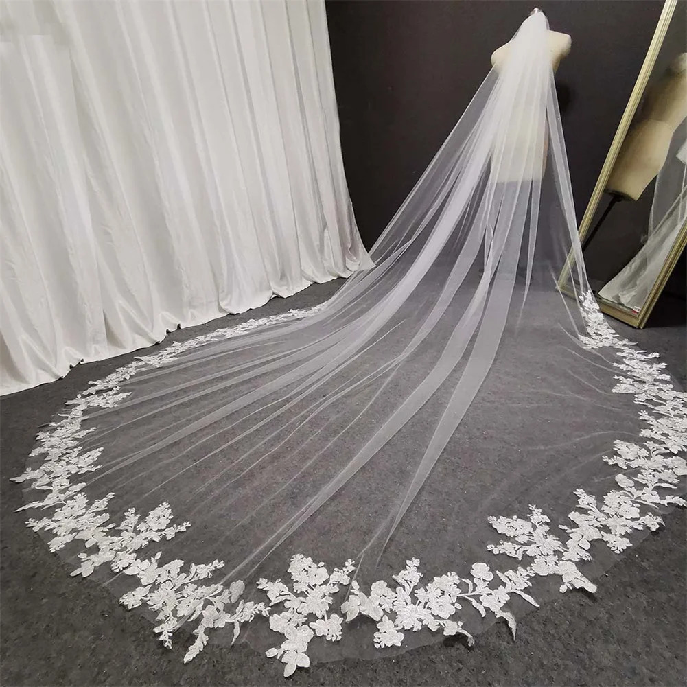 Long lace wedding veil 3D embroidery flower long white cathedral style bridal veil comb wedding accessories bridal headwear 241115