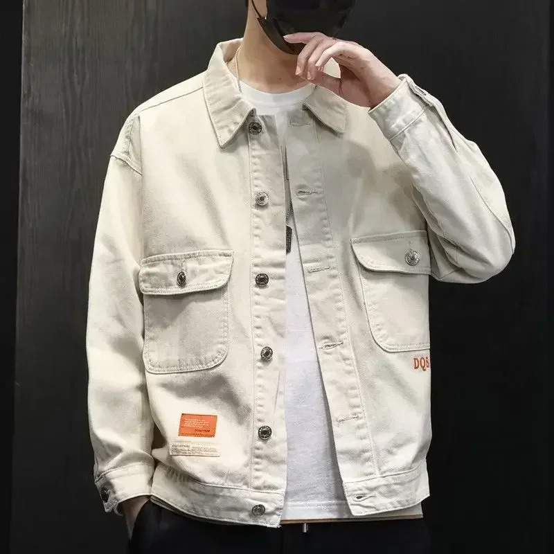 Mens denim jacket printed denim jacket mens beige fabric winter jacket fashion oversized Y2K 241115