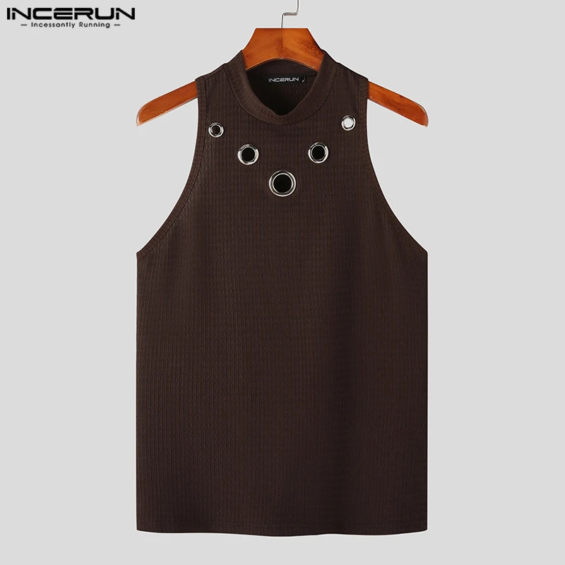INCERUN Fashion Men Tank Tops Hollow Out Solid Turtleneck Sleeveless Male Vests Streetwear Summer Casual Clothing S5XL 240415