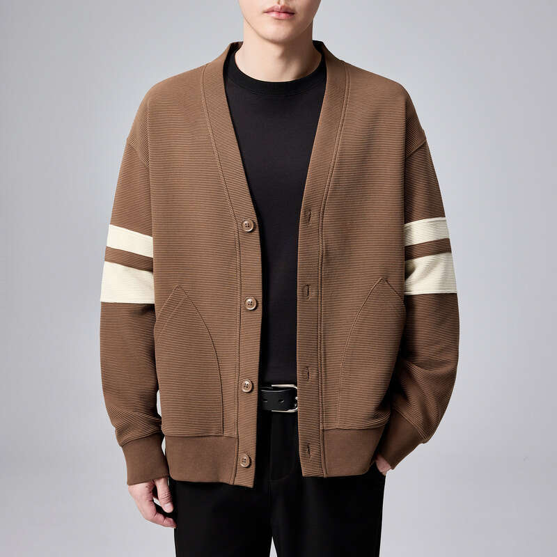 Momaike 350G Striped Texture Hoodie Cardigan For Men, 2024 Autumn New Style, Simple Contrasting Color Men's Coat 55549