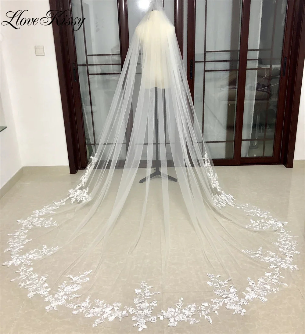 1 layer bridal veil long wedding veil lace edges with comb floral decals elegant white ivory bridal cathedral veil 300cm 241115