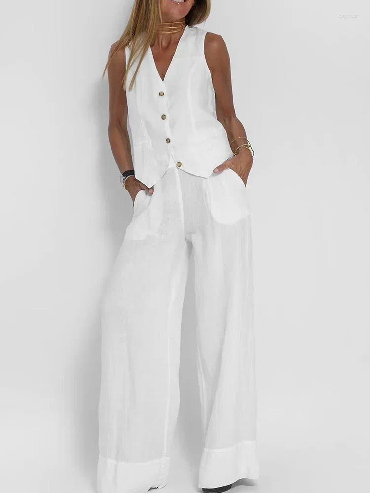 Women's Two Piece Pants Vintage Office Lady Elegant Pant Sets Casual Women 2 Sleeveless V Neck Vest High Waist Wide Leg Suit