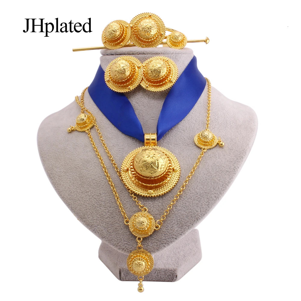 Gold Bridal Jewelry Set Suitable for Women Ethiopian Red Rope Pendant Hairpin Earrings Bracelet Rings Wedding Gifts 241115