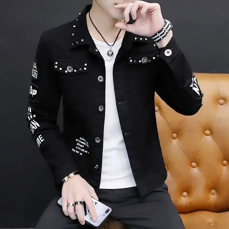 Mens denim jacket with short rivets casual ultra-thin white mens Jean Coats Korea Lxury washed in the fabric Rock Joker at the lowest price in size L 