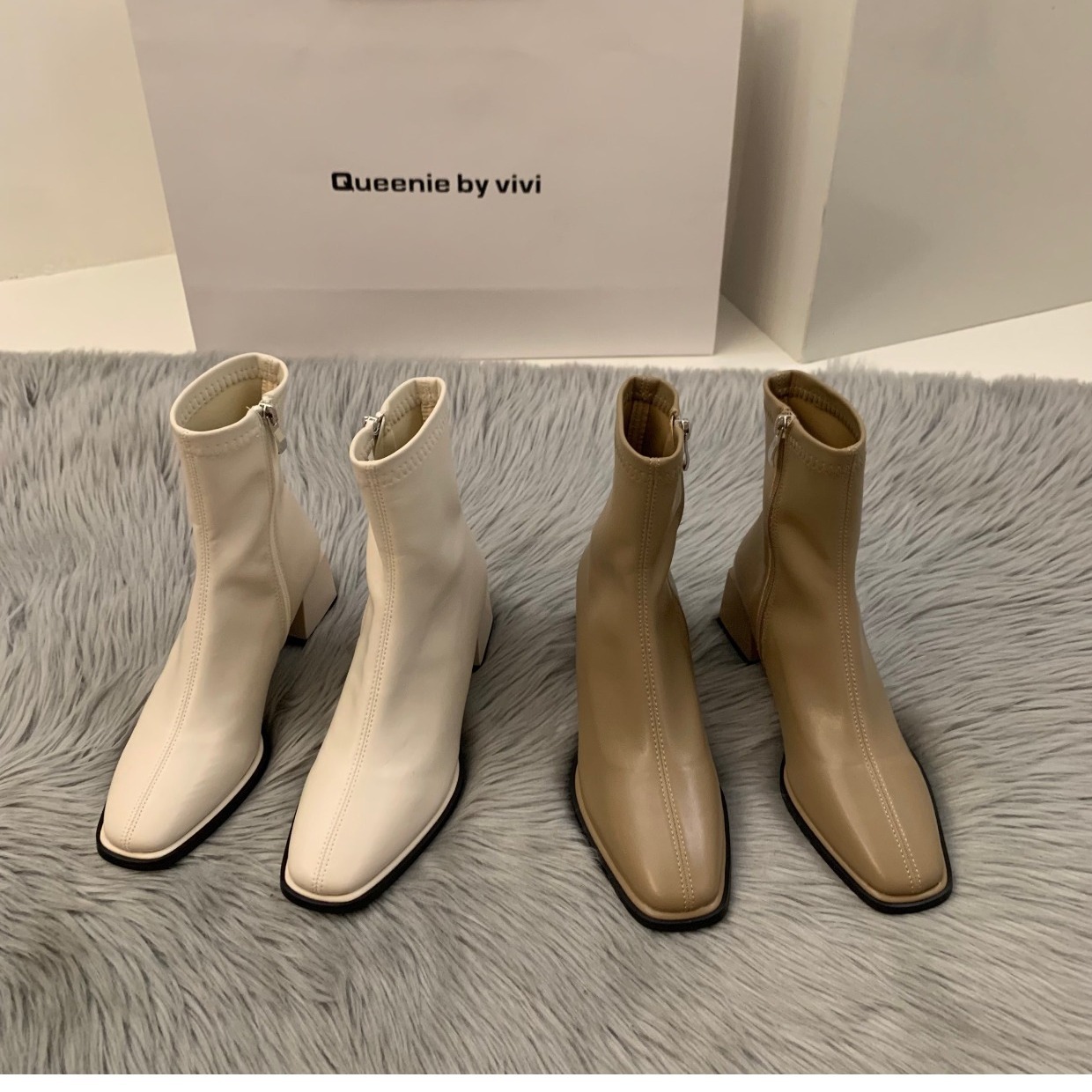 French Velvet New White Square Toe Short Boots.