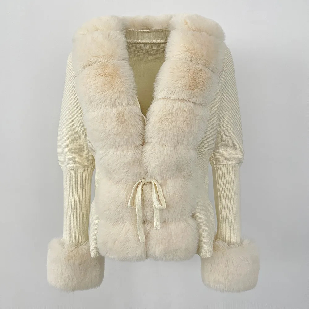 Faux Fur Coat Patchwork Knit Sweater Bandage Fur Cardigan Detachable Collar Jacket Autumnwinter Womens Faux Fur Coat 241115