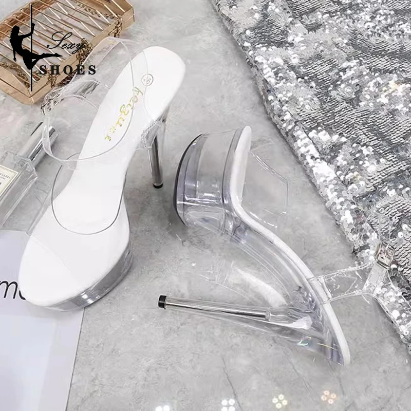 Sexy Super High Heels 15CM Stiletto Shoe for Party Club Stripper Platform Sandals Transparent Crystal Pole Dance 241115