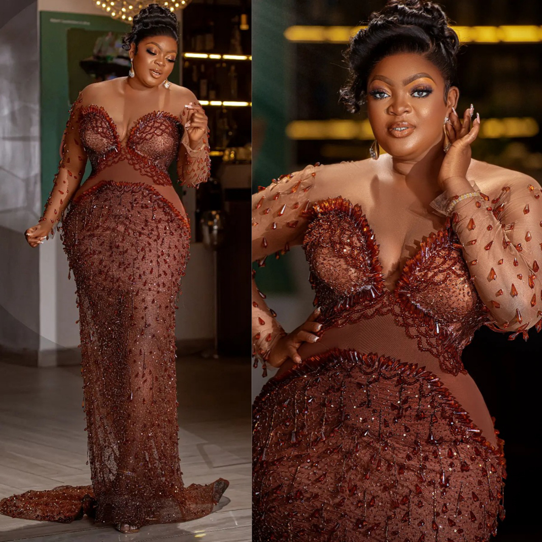 2024 Plus Size Aso Ebi Prom Dresses for Black Women Chocolate Illusion Sheer Neck Formal Gowns Crystals Beading Tassel Luxury Birthday Dress Reception