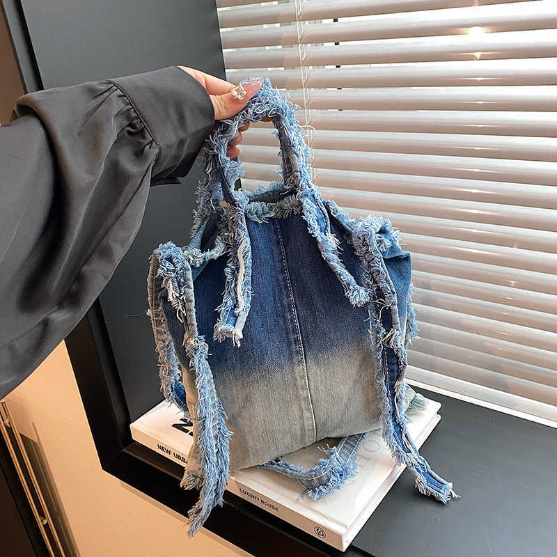 Washed gradient color hand-held denim bag 2024 new style wandering fashion crossbody bag lazy style personalized shoulder bag