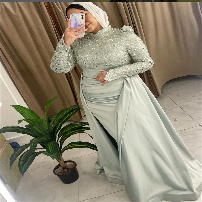 Silver Sequin Evening Dress With Overskirt Elegant Mermaid Arabia Dubai Prom Dresses Muslim Birthday Party Gown 2025 Robes Soiree Femmes Vestio De Fie