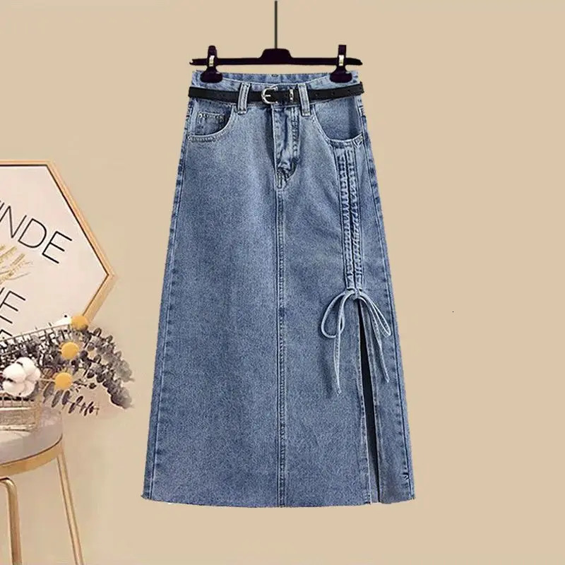 Spring Summer Loose Two Piece Dresses Set For Women Long Sleeve BlouseHigh Waist Denim Skirt twopiece Jeans Female 240415