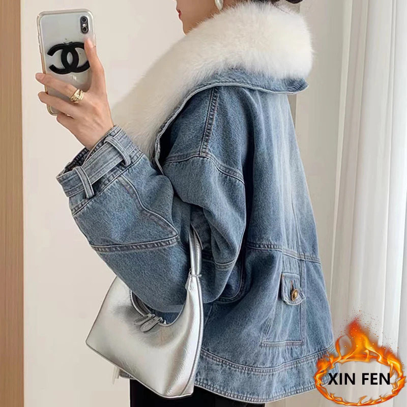 2023 s Fashion Denim Goose Down Big Fur Collar Detachable Filling Lnner Lining High End Jacket 241115
