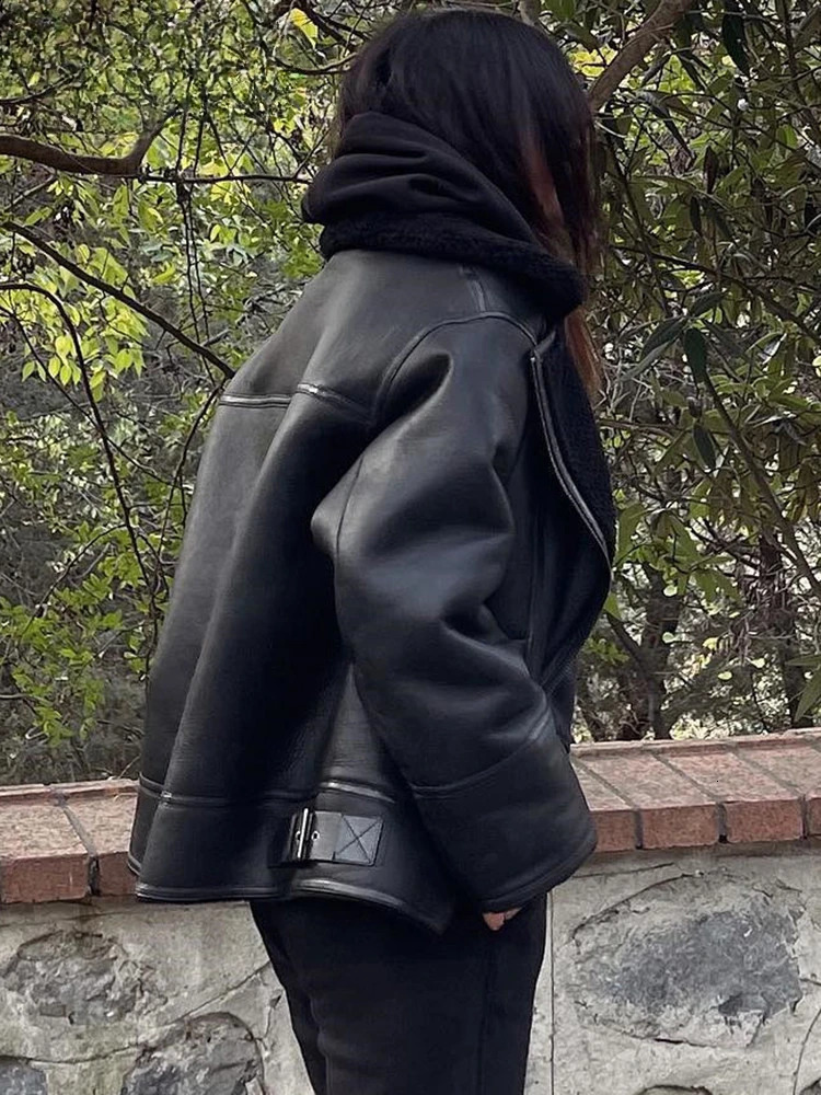 Autumn Winter Women Warm Black Zipper Faux Leather Jacket Coat Loose Turn Down Collar Thickness Overcoat Female Outwear 241115