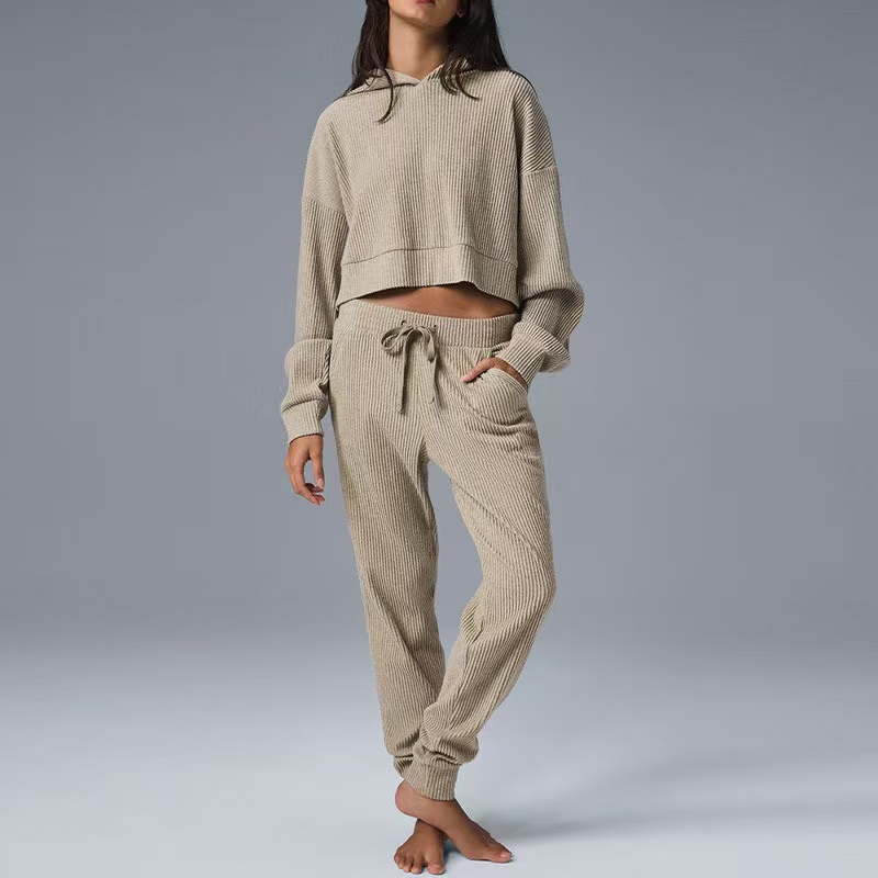 Vt1012 Corduroy Sports Yoga Two Piece Set Hooded Loose Fiess Sweatshirt Workout Hoodie Long Sleeve Pants Women Jogger Suit Gym Tracksuit