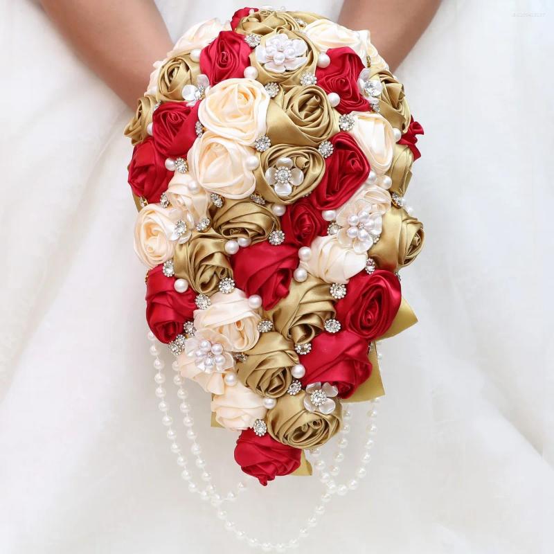 Decorative Flowers Yan Creamy Dusty Rose Bride Casading Wedding Bouquets With Rhinestone Pearl String Handamde Satin Bridal Bouquet