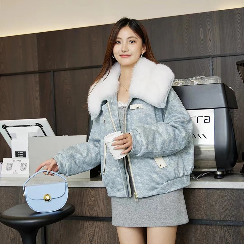 2024 Winter Puffer Jacket Women leisure time Warm Short Parkas Real Natural Fur collar Suede fabric90 White Duck Down Coat 241115