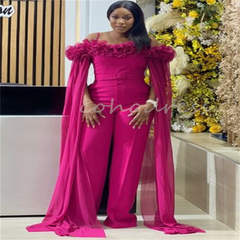Hot Pink Jumpsuit Evening Dress With Ribbon Plus Size Black Girls Prom Pantsuit Formal Occasion Birthday Party Wear Robe De Mariage 2025 African vesti