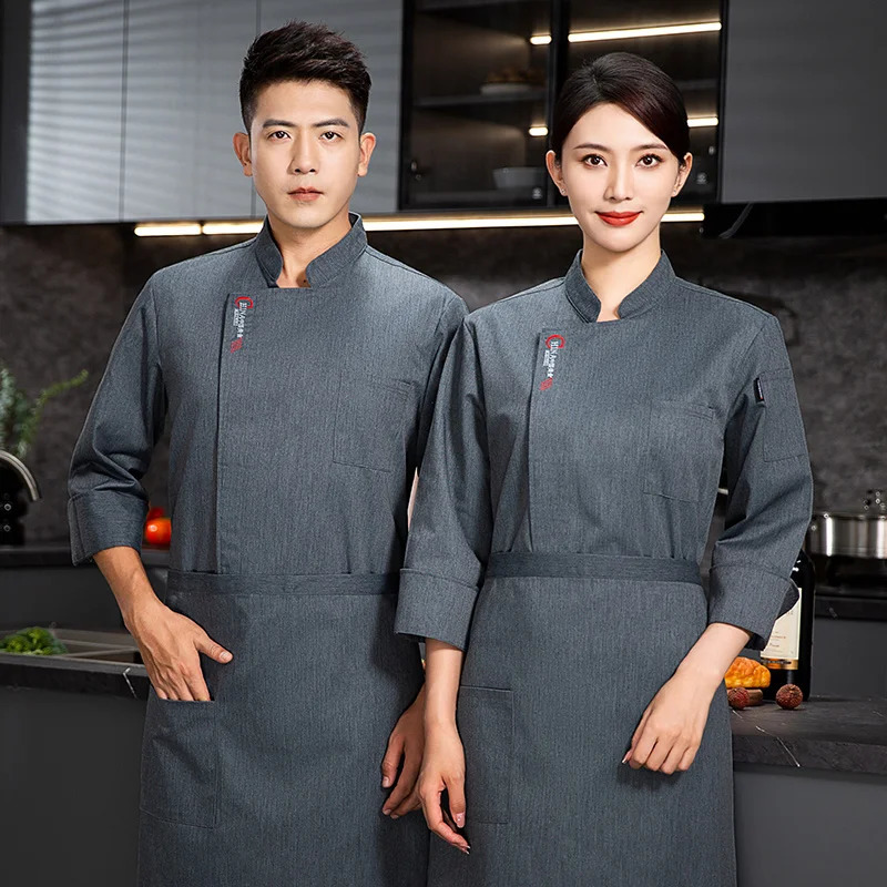 Men Long Sleeve Chef uniform Restaurant chef jacket with apron Cook Coat Tshirt Work Uniform Waiter el Clothes 240412