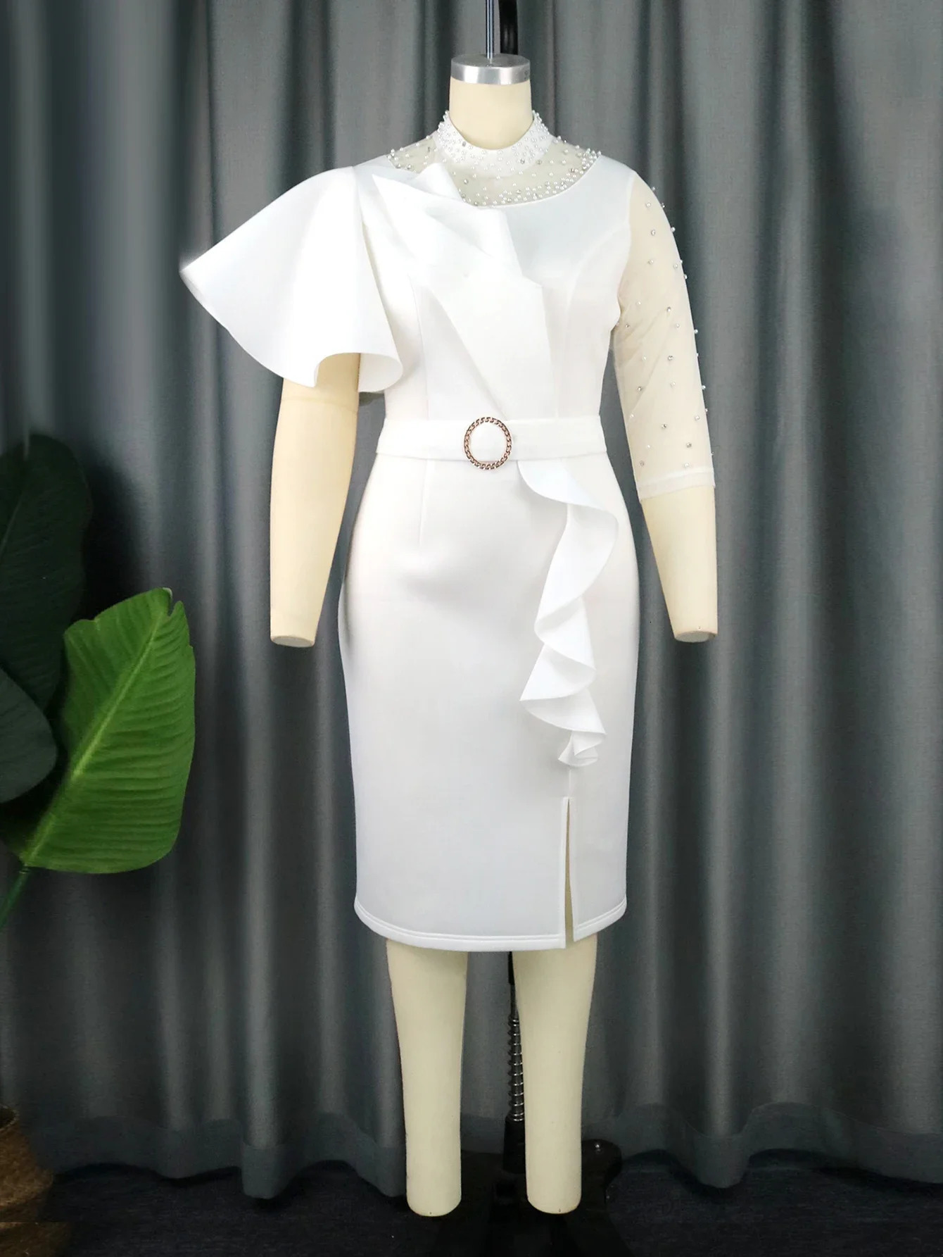 Women White Party Dress Bodycon Cocktail Mesh Beading Irregular Sleeves Ruffles African Elegant Wedding Guest Birthday Celebrate 240415