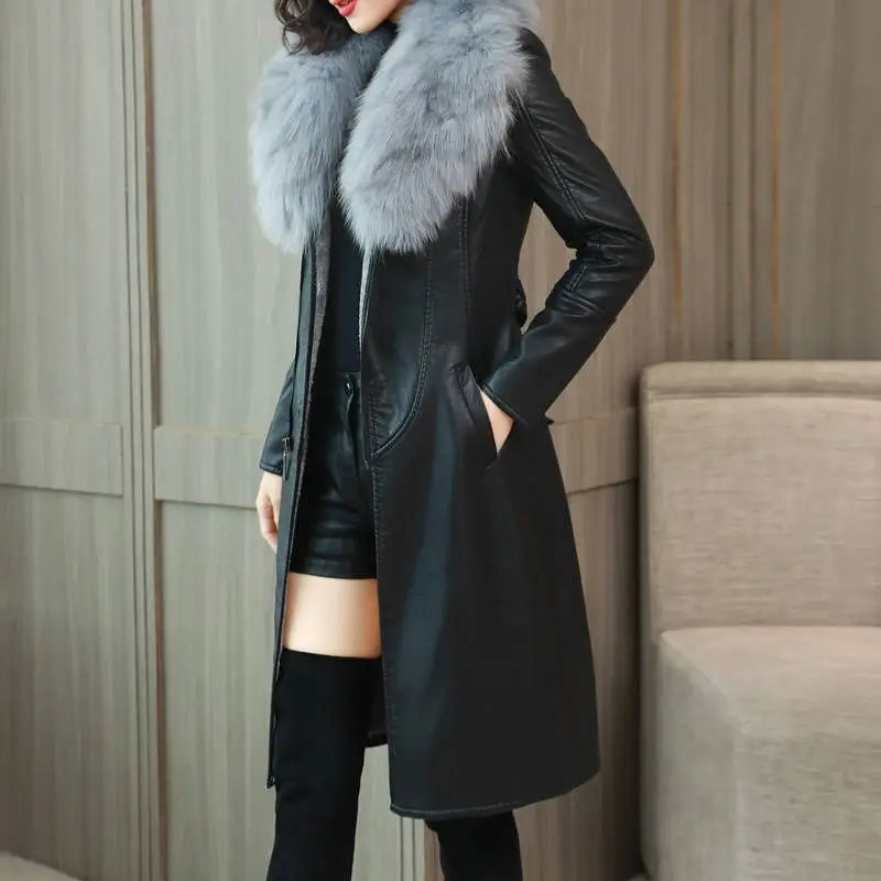 Winter Faux Fur Collar Leather Long Loose Coats Coat Female Jacket Parka Women Femme Rabbit Mink Sheepskin Fashion 241114