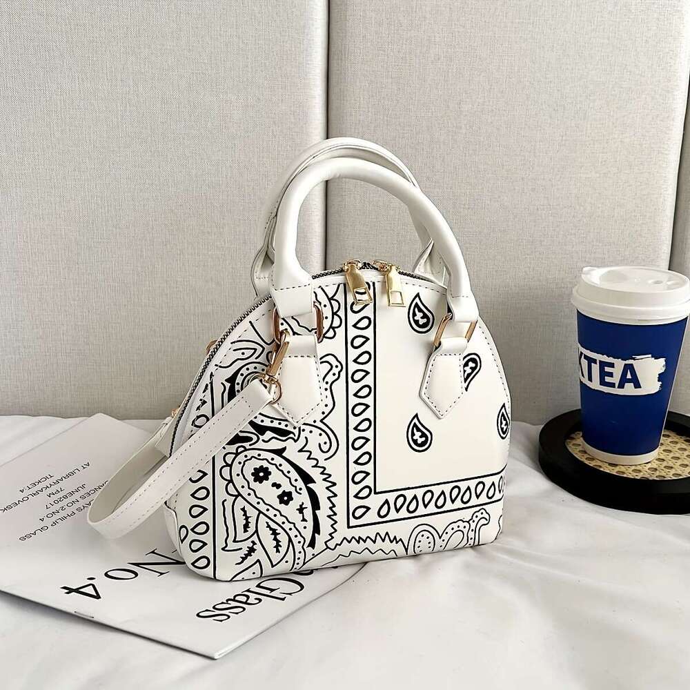 ral Print Versatile Dome Shoulder Bag, Portable Double Handle Stylish Handbag, Zipper Faux Leather Trendy Crossbody Bag