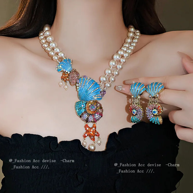 Crystal Pearl Conch Double layer Necklace Earrings Retro Sweater Chain Jewelry Wholesale Accessories 241115