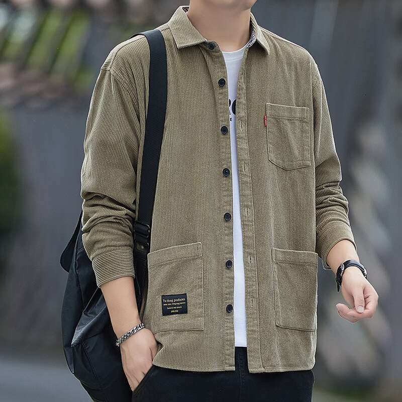Autumn Pure Cotton Corduroy Long Sleeved Shirt For Men, Casual Workwear Shirt, Loose And Trendy