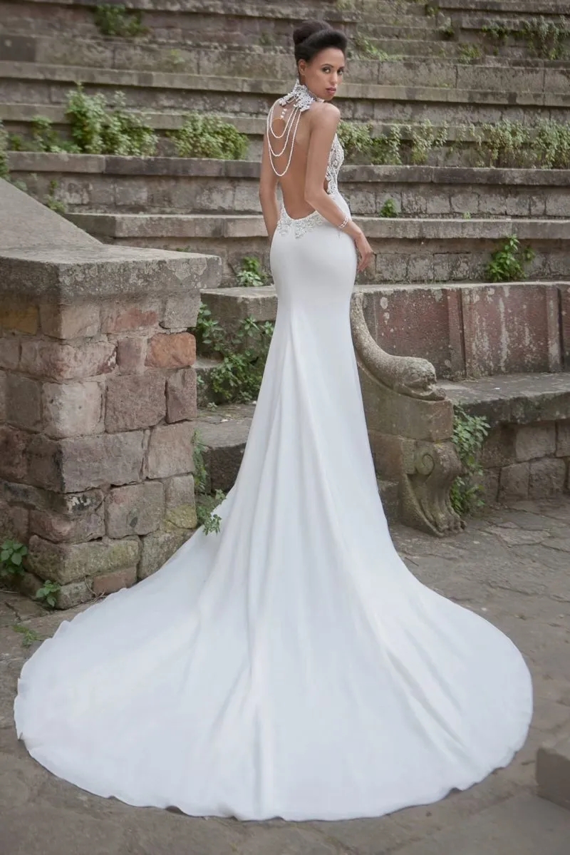 Boho Garden Mermaid Wedding Dresses Gorgeous Beading Pearls High Neckline With Applique Lace Bridal Gowns Court Train Slim Fit Backless Bride Robes de