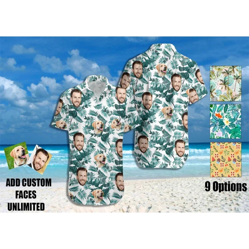 Summer Custom Po Face Shirt Short Sleeve Button Down Hawaiian the Gift for Men Beach Party Shir 240415