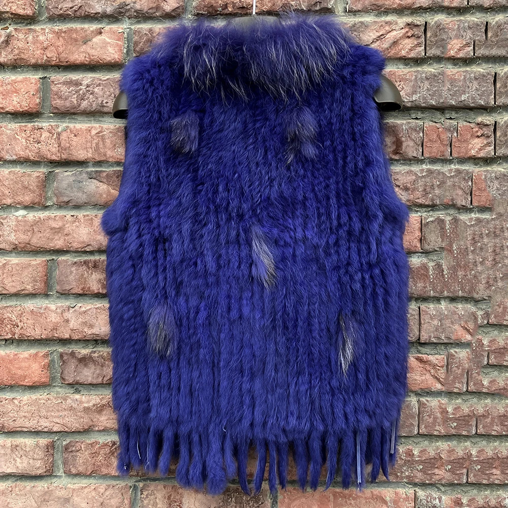 Women Real Fur Vest Tassel Knitted 100Genuine Rabbit Waistcoat Lady Casual Raccoon Collar Sleeveless Coat Factory Sales 241115