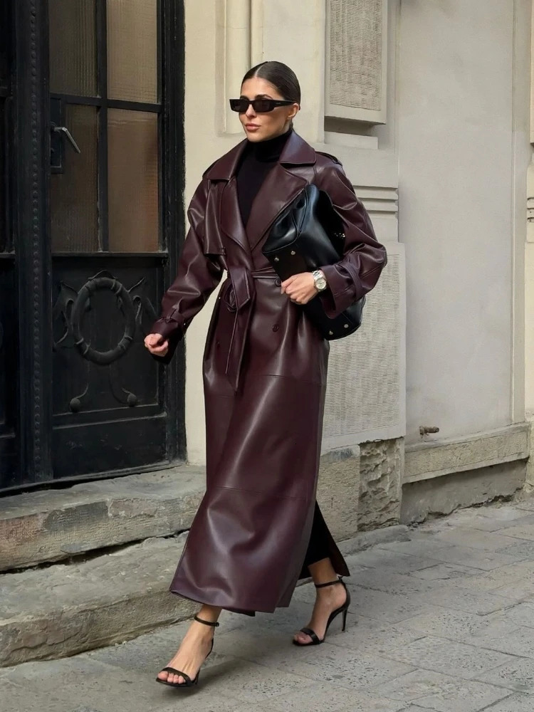 Autumn Winter Burgundy Lace Up Matte Leather Jackets Women Fashion Lapel Button Full Sleeve Long Coats 2024 Street Outerwear 241114