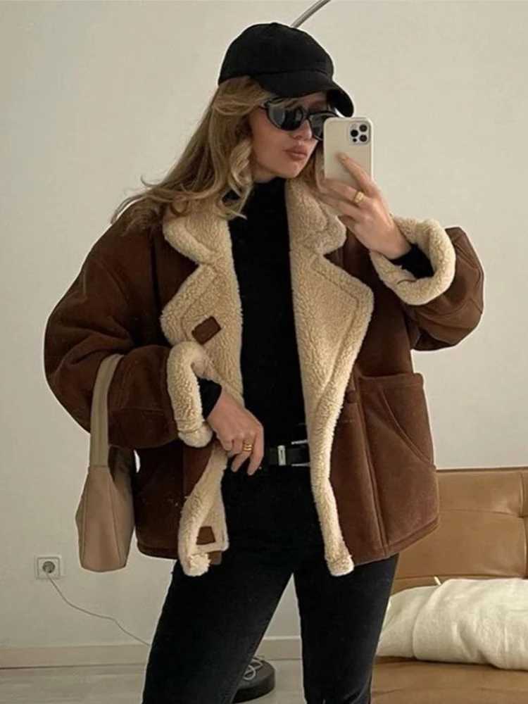 Vintage Wool Lamb Womens Jacket Fashion Patchwork Lapel Long Sleeve Female Coats 2024 Winter Thicken Warm Loose Lady OutwearsC241115