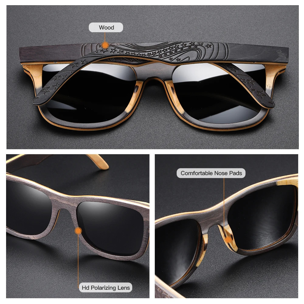 GM Skateboarding Wood Sunglasses Retro Black Frame Wood Sunglasses Womens Polarized Mens Bamboo Wood Sunglasses S5832 241114