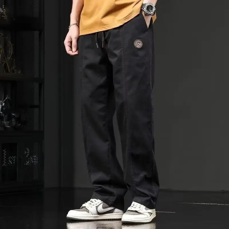 Retro pure cotton thick elastic waist brushed solid autumn and winter fully matched patch work bag straight casual cargo pants 241115