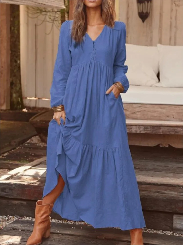 Cotton Linen Women Long Dress Loose Fashion VNeck Casual Solid Sleeve ALine Sexy Dresses Elegant Ruffles Vestido 240415