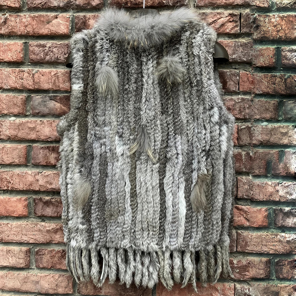 Women Real Fur Vest Tassel Knitted 100Genuine Rabbit Waistcoat Lady Casual Raccoon Collar Sleeveless Coat Factory Sales 241115
