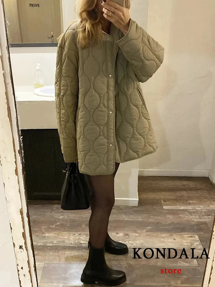 TRAFZA Streetwear Armygreen Oversized Long Jacket Sleeve O Neck Single Buttons Autumn Winter Coats Casual Outwears 241115
