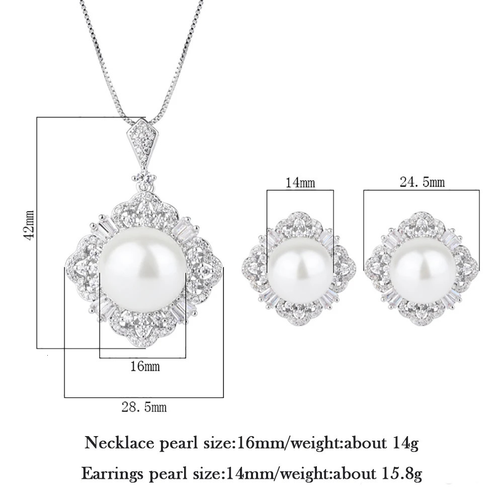 Charm 14-16mm white large pearl high carbon diamond pendant necklace earrings suitable for womens anniversary wedding party jewelry set 241115