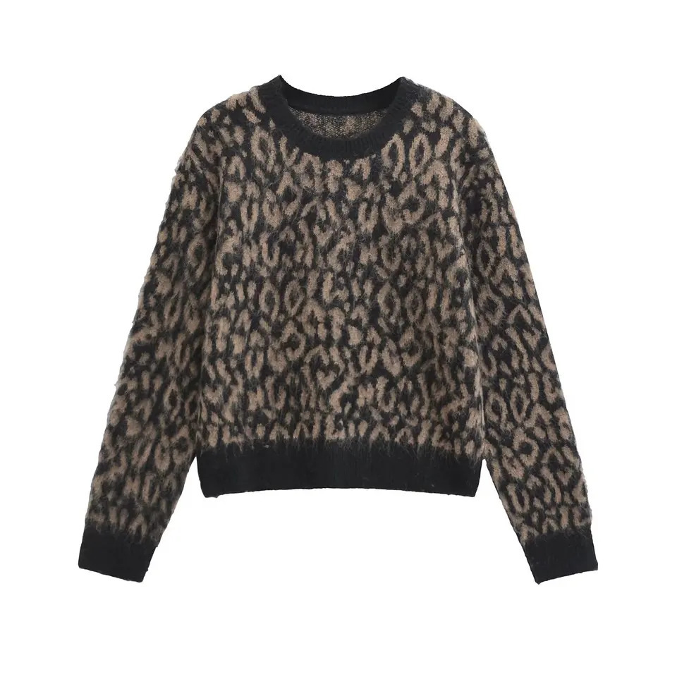 Traf Womens Sweater Autumn Winter Leopard Pattern Round Neck Knitted Top Knitted Top 241115