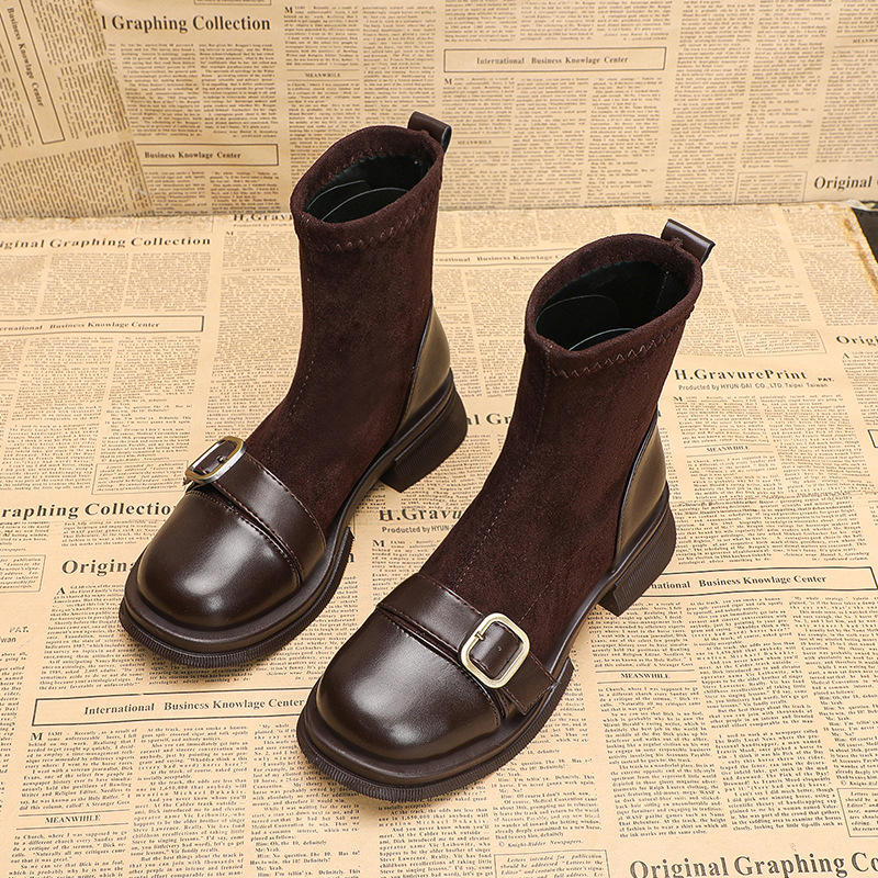 Vintage versatile brown socks boots women's autumn and winter short boots.