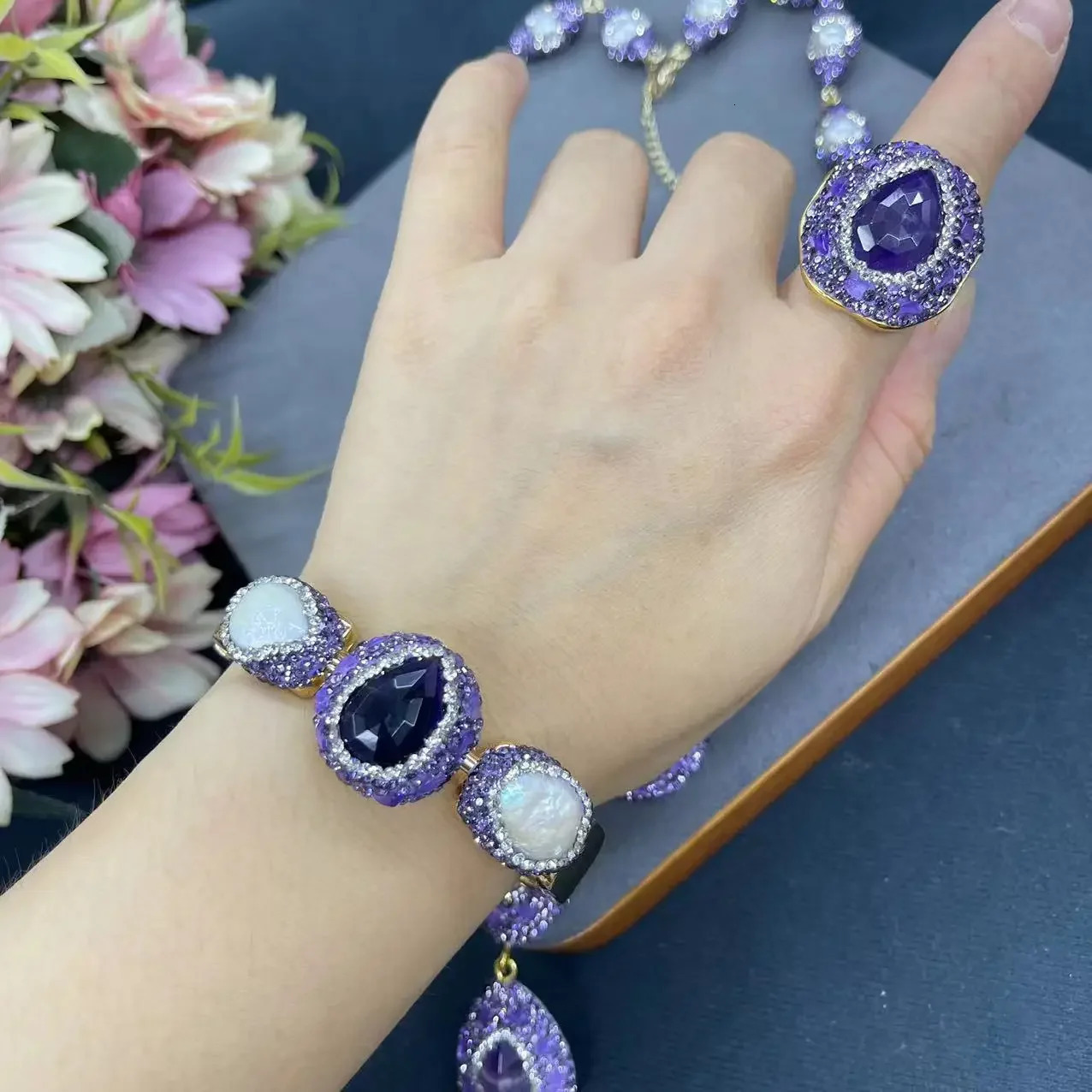 The Baroque pearl jewelry set features a natural amethyst premium four piece set with outstanding personalized 241115