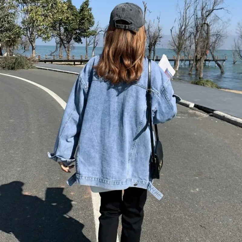 Spring autumn black denim jacket for women Korean simple loose jeans for women fashion button up long sleeved jacket 241115