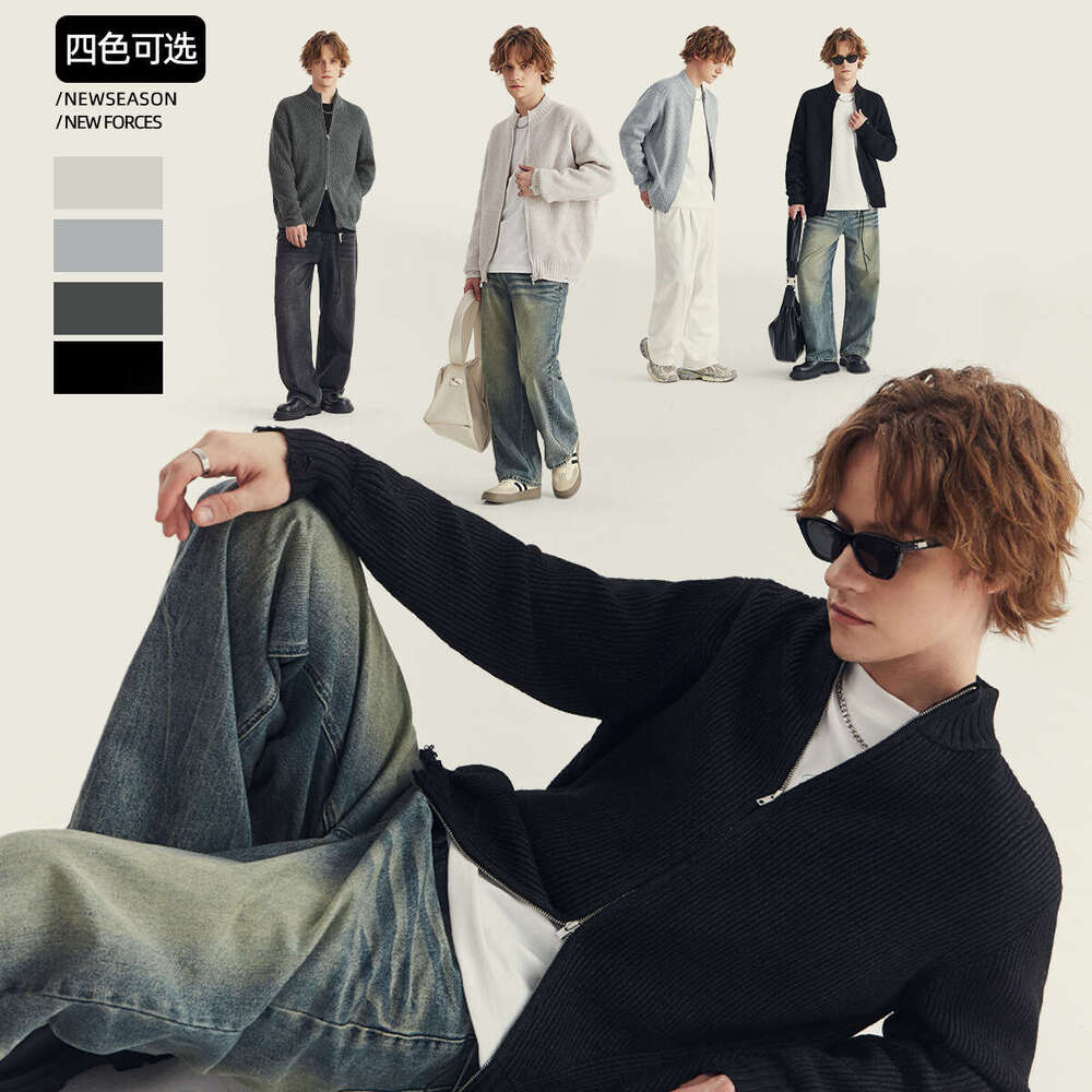 APO Wear | Autumn And Winter New Knitted Open Coat Men's Trendy Brand Lazy Style Loose Zipper Piercing Sweater