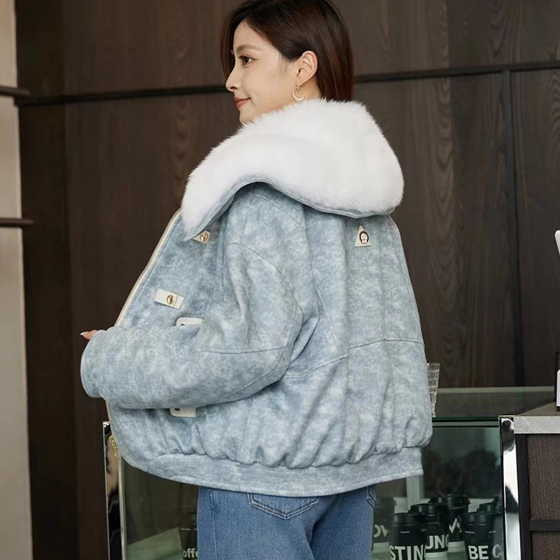 2024 Winter Puffer Jacket Women leisure time Warm Short Parkas Real Natural Fur collar Suede fabric90 White Duck Down Coat 241115