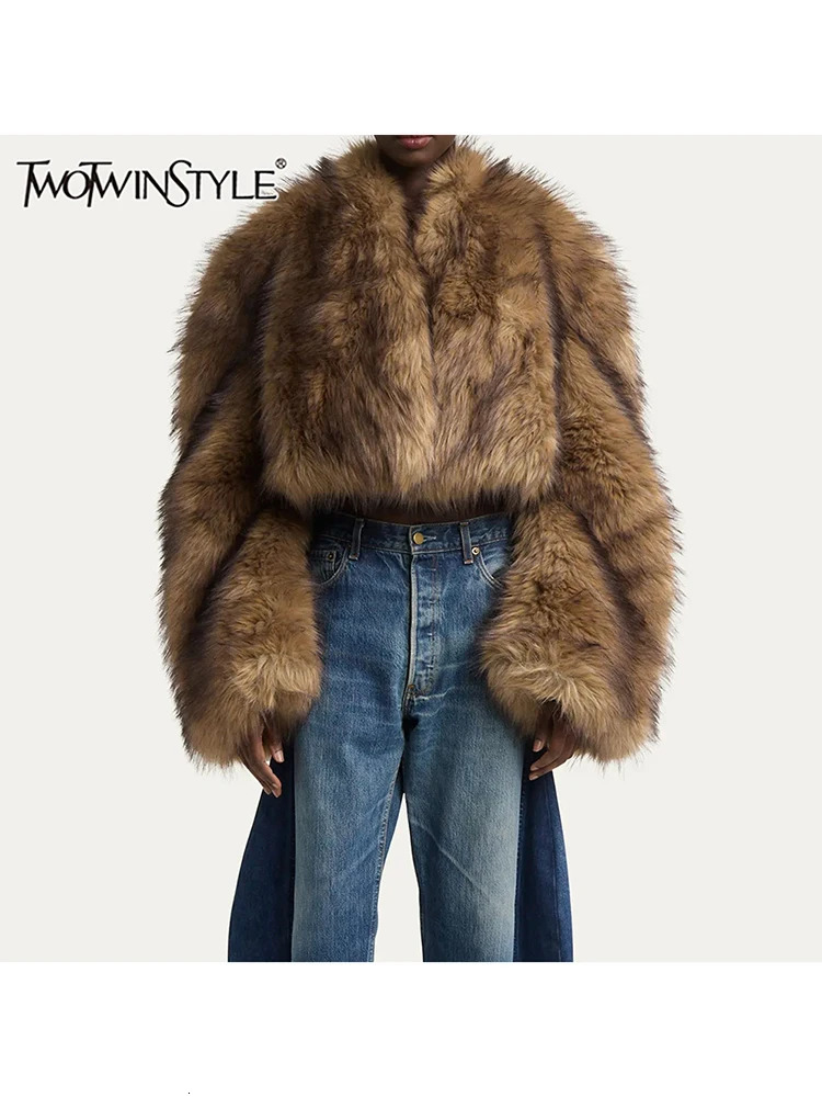 TWOTYLE Solid Patchwork Feathers Temperament Coats For Women V Neck Long Sleeve Open Stitch Jacket Female Fashion 241115