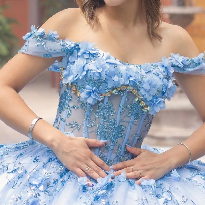 Sky Blue Shiny Quinceanera Dresses Off The Shoulder Sequin Appliques Lace Beads Tull Ball Gown Birthday Formal Party Sweet 16 Dress