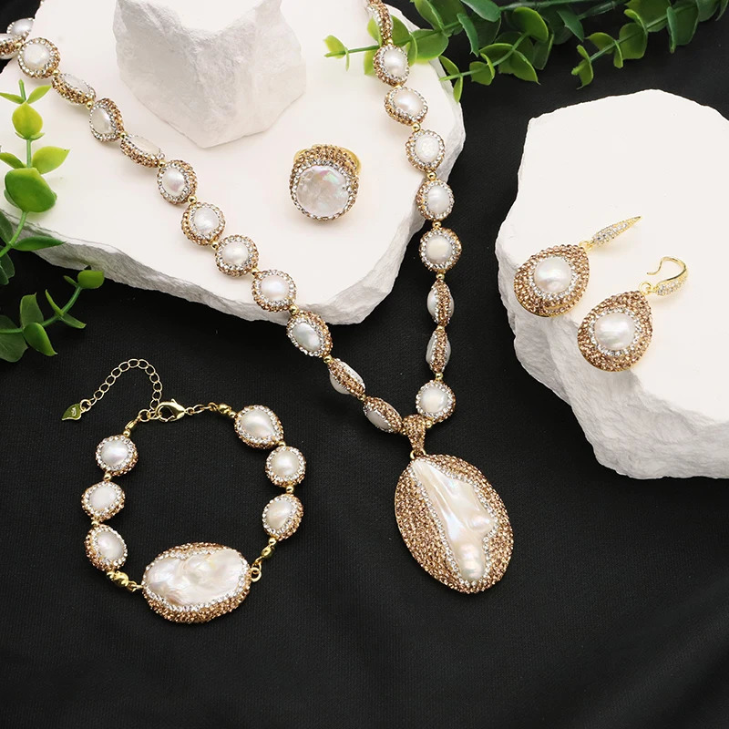 GLSEEVO Natural Baroque Pearl Womens Jewelry Necklace Bracelet Earring Set with Water Diamond Inlaid Dress Accessories 241115
