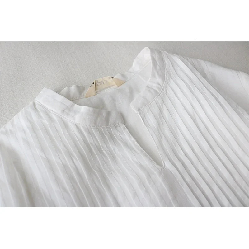 Summer Autumn Stand Collar Cotton Linen Folds Robe Female 34 Sleeve Loose Casual Fashion Vestidos Womens Solid Color Dress 240415